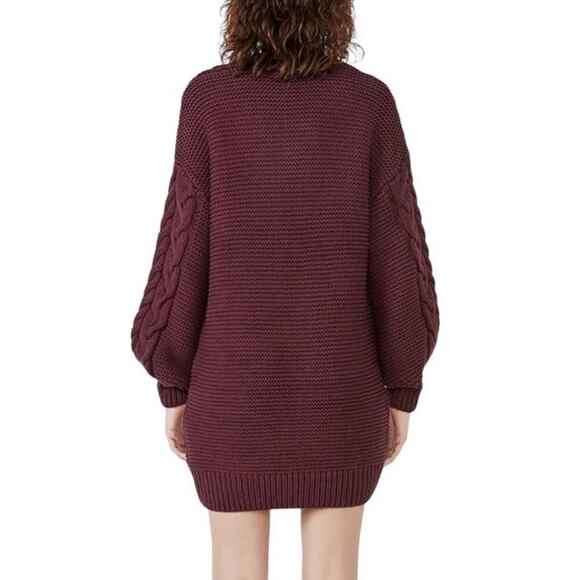 Bardot Bell Knit Dress In Burgundy Balloon Sleeves Cable Knit V Neck Size Small - Picture 8 of 11